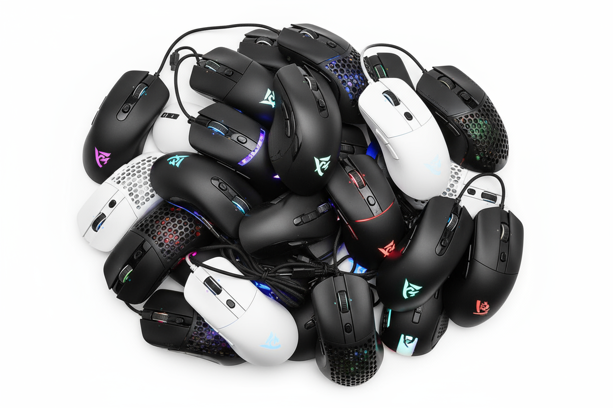 I want a picture of a top down view of several gaming mice in a pile